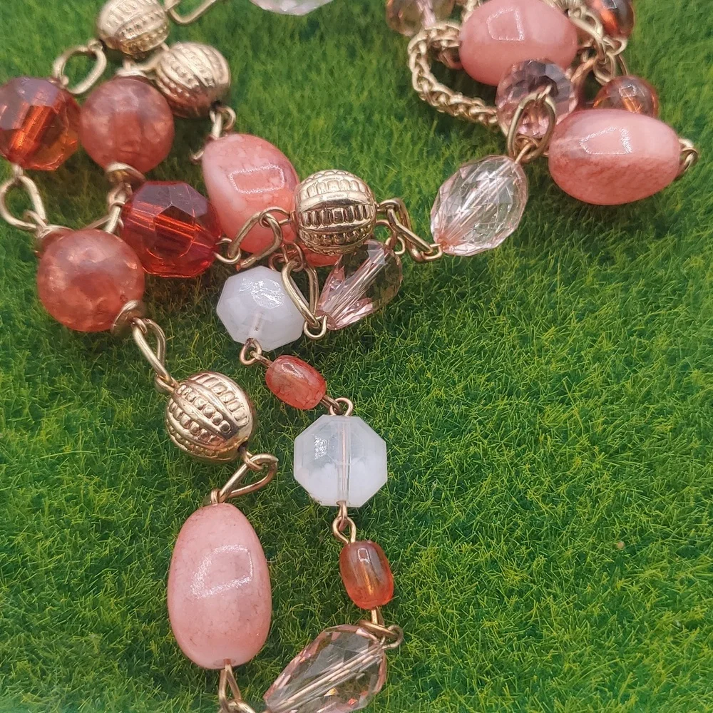 Elegant Gold Tone and Pink Beaded Necklace 48 Inch N3839 Easter Colors